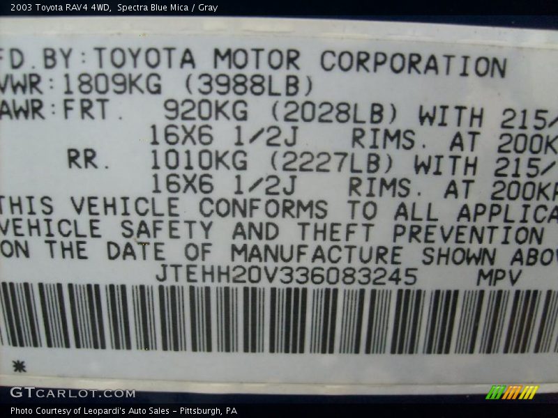 Spectra Blue Mica / Gray 2003 Toyota RAV4 4WD