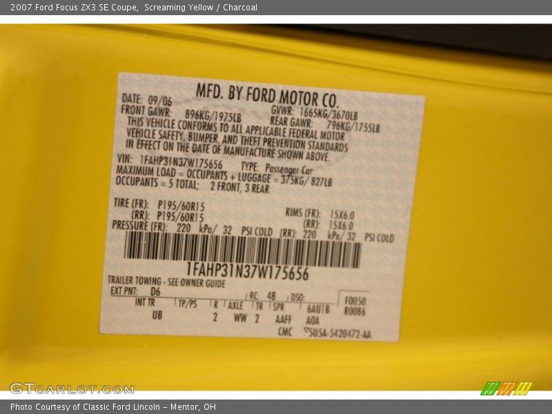2007 Focus ZX3 SE Coupe Screaming Yellow Color Code D6
