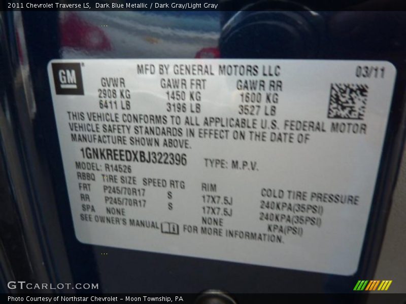 Dark Blue Metallic / Dark Gray/Light Gray 2011 Chevrolet Traverse LS