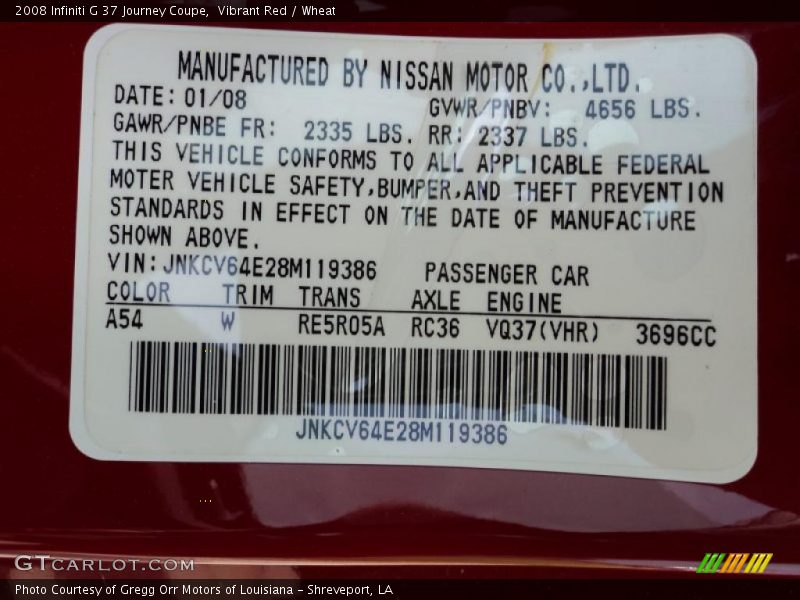 2008 G 37 Journey Coupe Vibrant Red Color Code A54