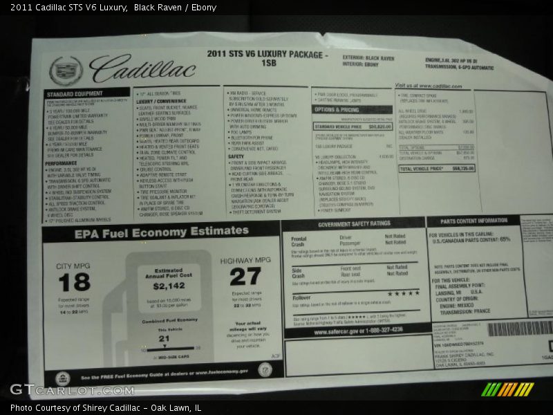  2011 STS V6 Luxury Window Sticker