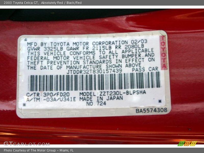 2003 Celica GT Absolutely Red Color Code 3P0