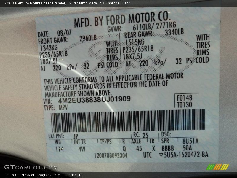 Silver Birch Metallic / Charcoal Black 2008 Mercury Mountaineer Premier