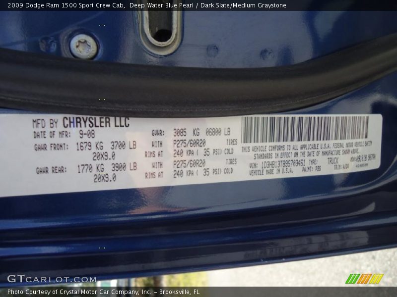 Deep Water Blue Pearl / Dark Slate/Medium Graystone 2009 Dodge Ram 1500 Sport Crew Cab