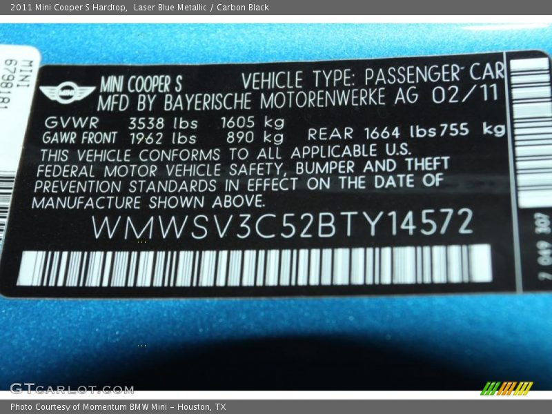 Laser Blue Metallic / Carbon Black 2011 Mini Cooper S Hardtop