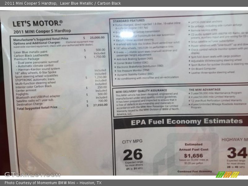 Laser Blue Metallic / Carbon Black 2011 Mini Cooper S Hardtop