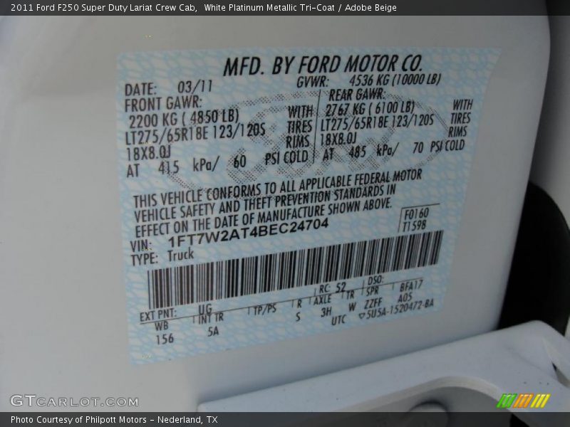 2011 F250 Super Duty Lariat Crew Cab White Platinum Metallic Tri-Coat Color Code UG