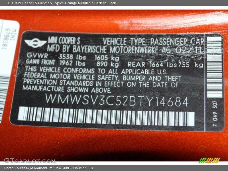 Spice Orange Metallic / Carbon Black 2011 Mini Cooper S Hardtop