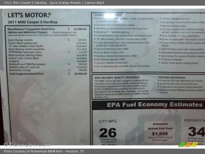 Spice Orange Metallic / Carbon Black 2011 Mini Cooper S Hardtop