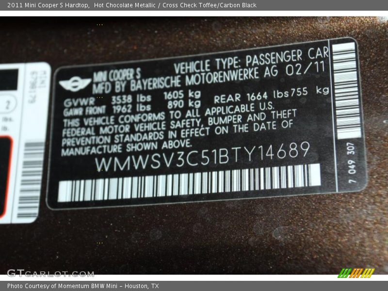 Hot Chocolate Metallic / Cross Check Toffee/Carbon Black 2011 Mini Cooper S Hardtop