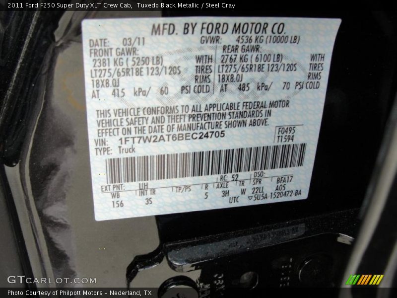 2011 F250 Super Duty XLT Crew Cab Tuxedo Black Metallic Color Code UH