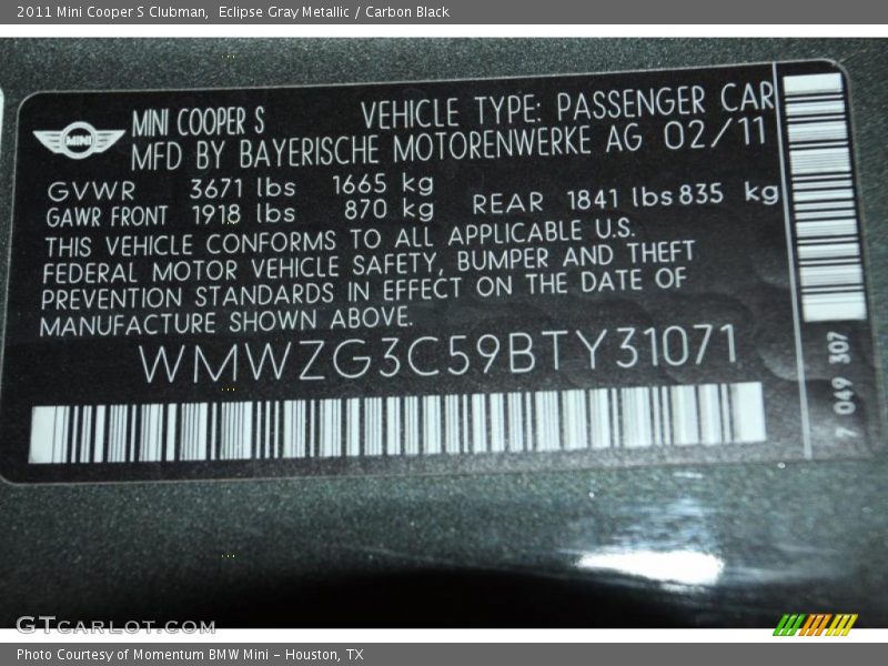 Eclipse Gray Metallic / Carbon Black 2011 Mini Cooper S Clubman