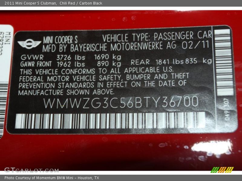 Chili Red / Carbon Black 2011 Mini Cooper S Clubman