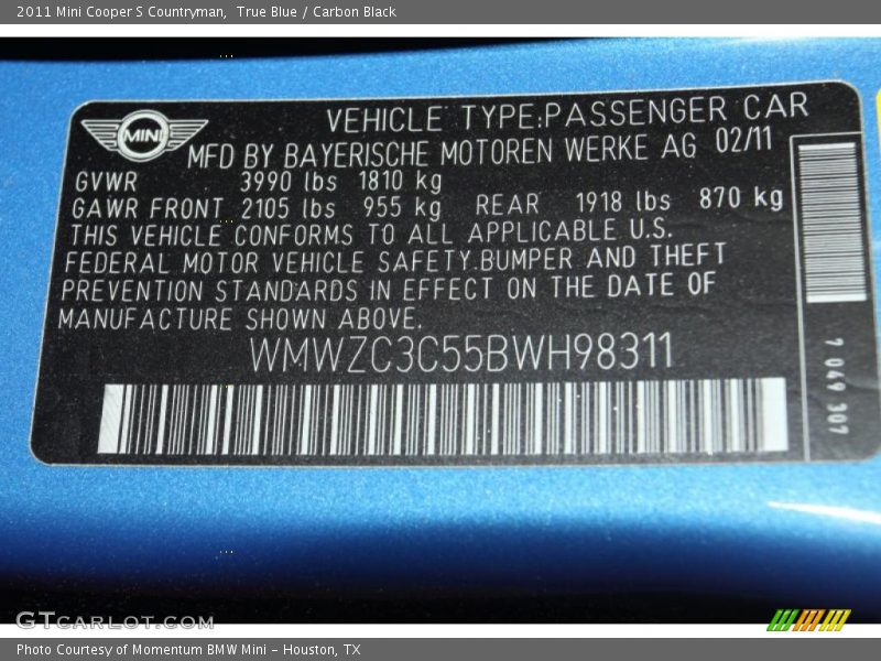 True Blue / Carbon Black 2011 Mini Cooper S Countryman
