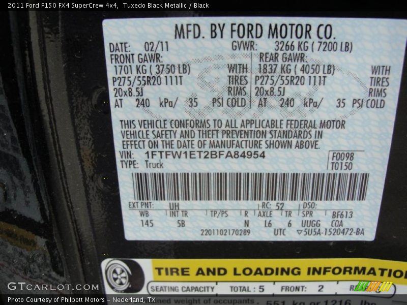 2011 F150 FX4 SuperCrew 4x4 Tuxedo Black Metallic Color Code UH