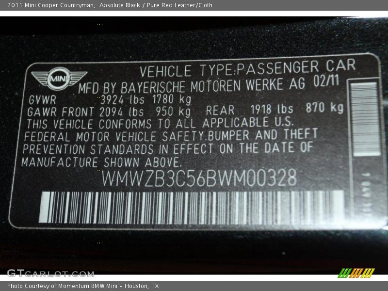 Absolute Black / Pure Red Leather/Cloth 2011 Mini Cooper Countryman