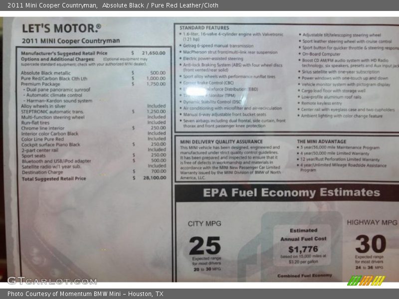  2011 Cooper Countryman Window Sticker