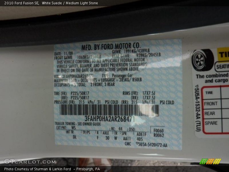 White Suede / Medium Light Stone 2010 Ford Fusion SE