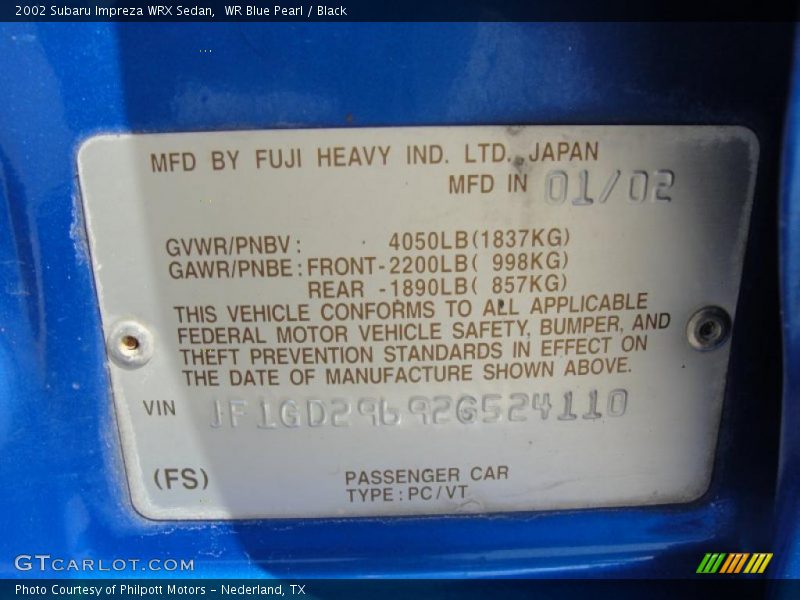 Info Tag of 2002 Impreza WRX Sedan