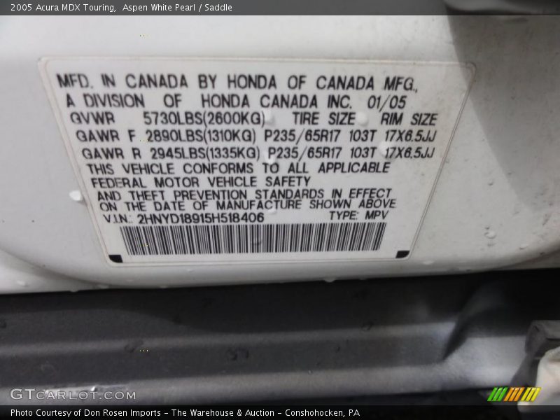 Aspen White Pearl / Saddle 2005 Acura MDX Touring