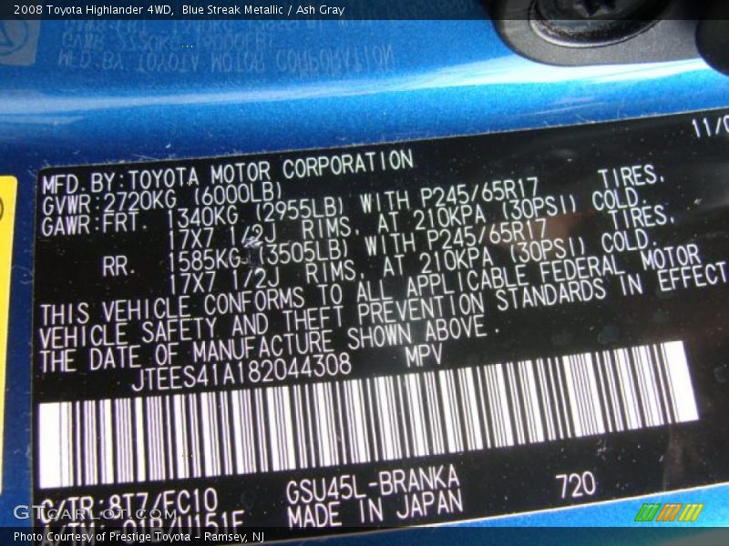 Blue Streak Metallic / Ash Gray 2008 Toyota Highlander 4WD