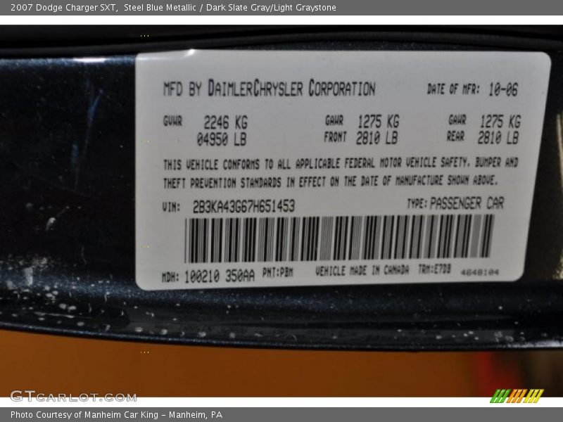 Steel Blue Metallic / Dark Slate Gray/Light Graystone 2007 Dodge Charger SXT