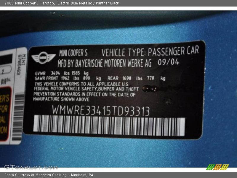 Electric Blue Metallic / Panther Black 2005 Mini Cooper S Hardtop