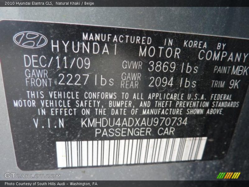 Natural Khaki / Beige 2010 Hyundai Elantra GLS
