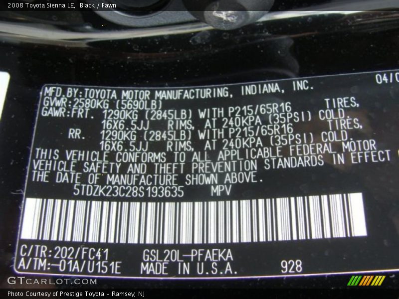 Black / Fawn 2008 Toyota Sienna LE