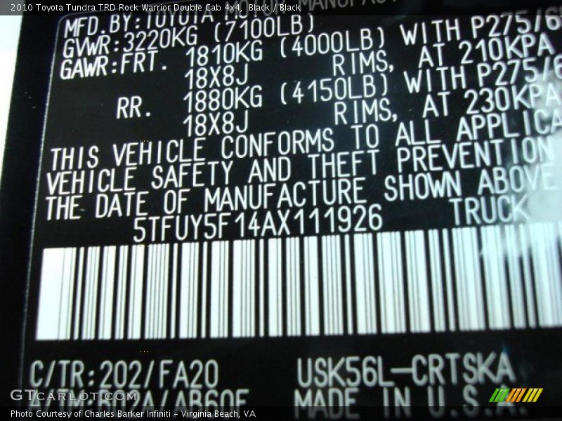 2010 Tundra TRD Rock Warrior Double Cab 4x4 Black Color Code 202