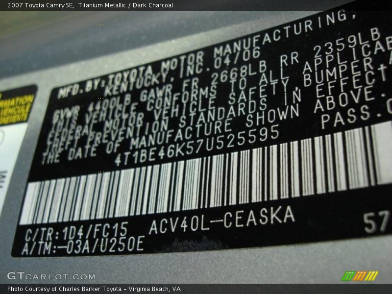 Titanium Metallic / Dark Charcoal 2007 Toyota Camry SE