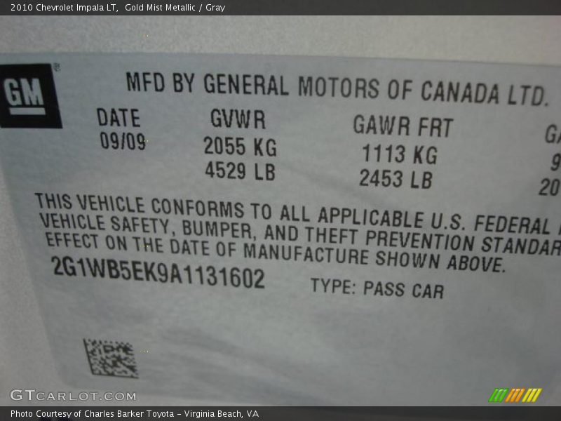 Gold Mist Metallic / Gray 2010 Chevrolet Impala LT