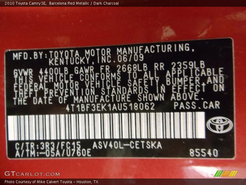 Barcelona Red Metallic / Dark Charcoal 2010 Toyota Camry SE