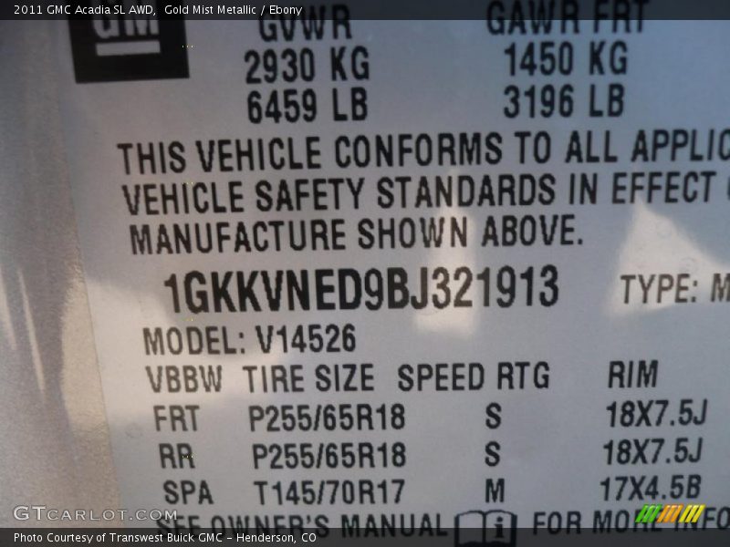 Gold Mist Metallic / Ebony 2011 GMC Acadia SL AWD