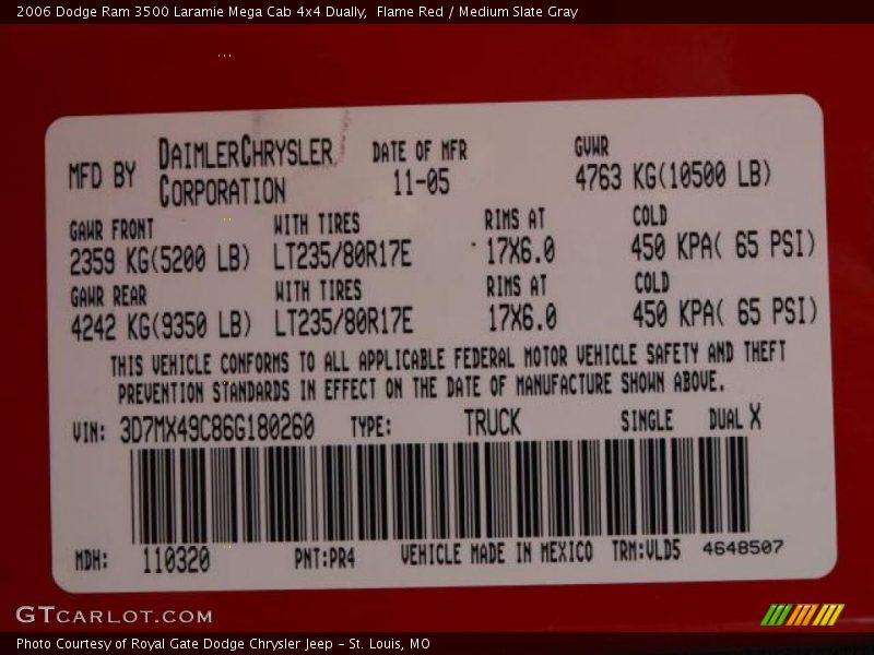 2006 Ram 3500 Laramie Mega Cab 4x4 Dually Flame Red Color Code PR4