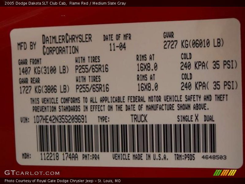 2005 Dakota SLT Club Cab Flame Red Color Code PR4