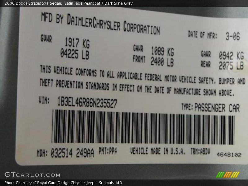 Satin Jade Pearlcoat / Dark Slate Grey 2006 Dodge Stratus SXT Sedan