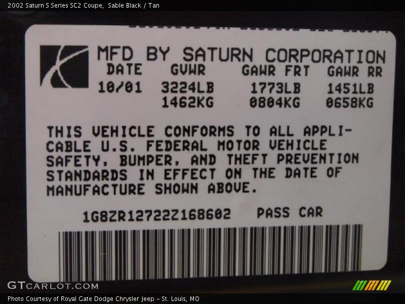 Sable Black / Tan 2002 Saturn S Series SC2 Coupe