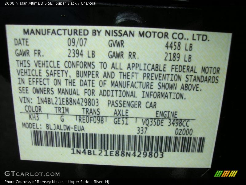 Super Black / Charcoal 2008 Nissan Altima 3.5 SE
