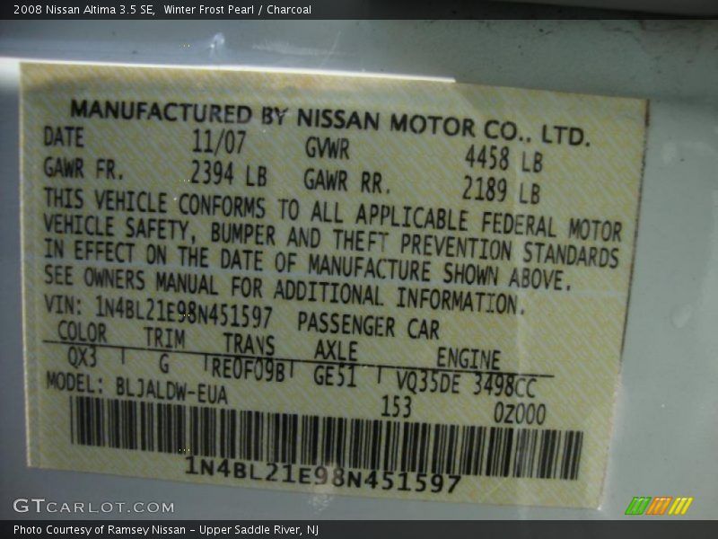 Winter Frost Pearl / Charcoal 2008 Nissan Altima 3.5 SE