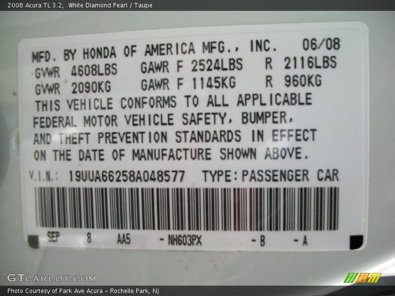 White Diamond Pearl / Taupe 2008 Acura TL 3.2