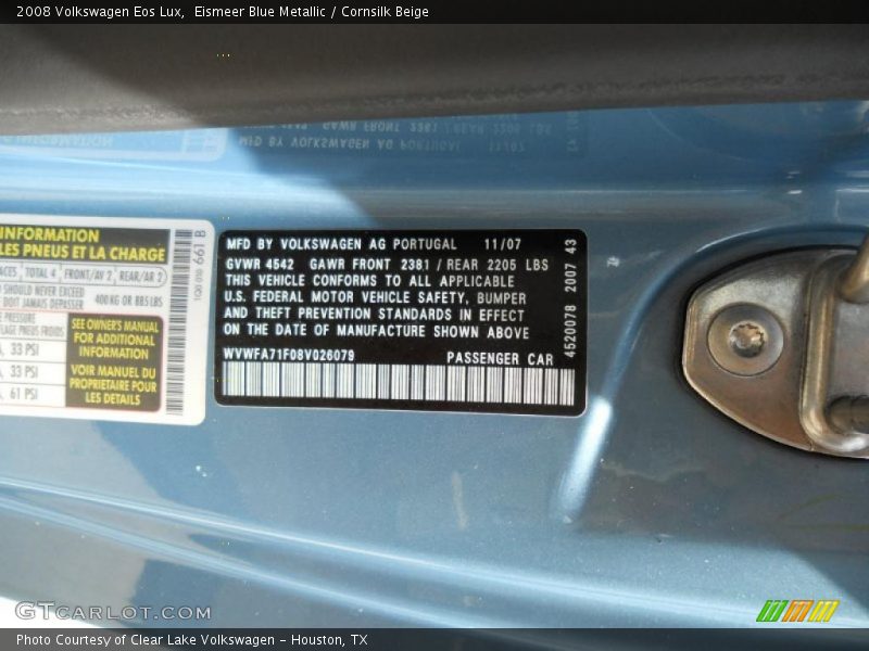 Eismeer Blue Metallic / Cornsilk Beige 2008 Volkswagen Eos Lux