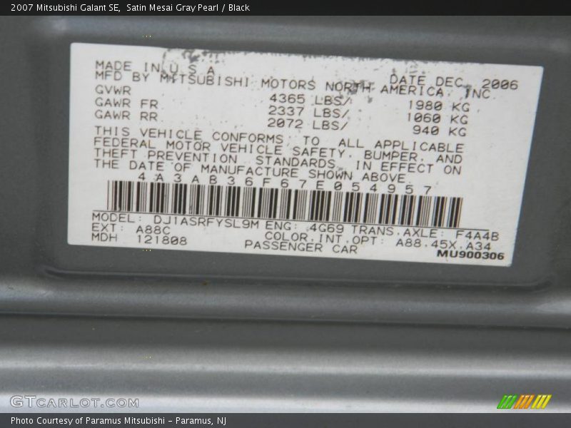 Satin Mesai Gray Pearl / Black 2007 Mitsubishi Galant SE