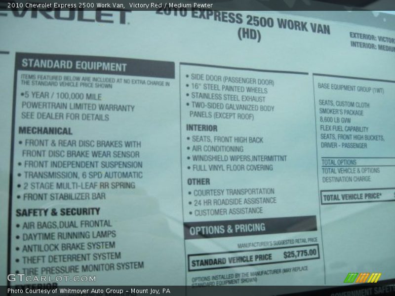  2010 Express 2500 Work Van Window Sticker