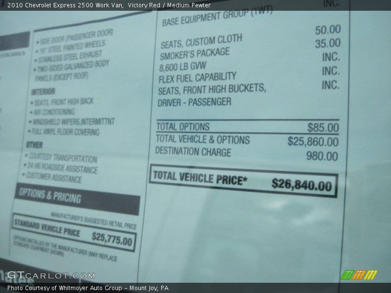  2010 Express 2500 Work Van Window Sticker