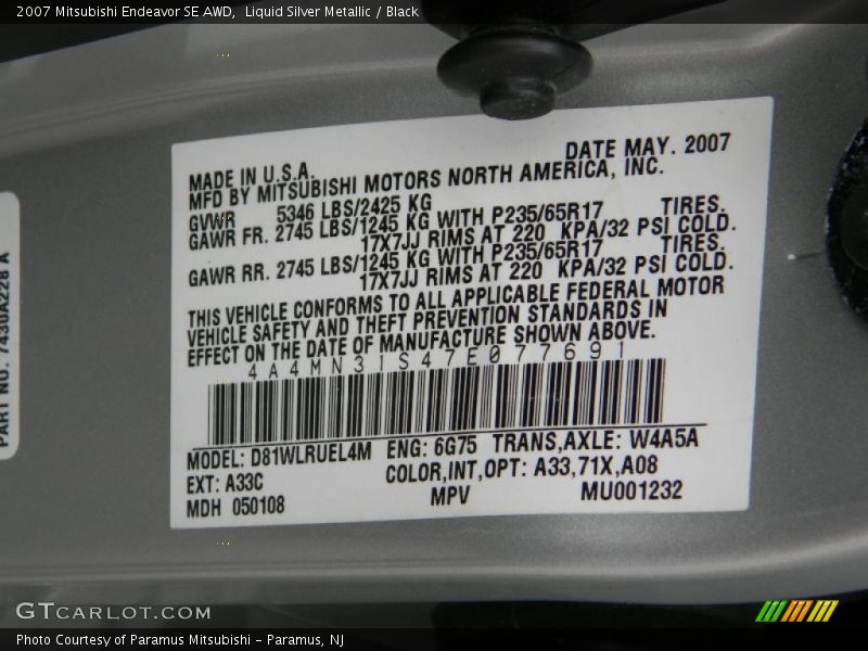 Info Tag of 2007 Endeavor SE AWD