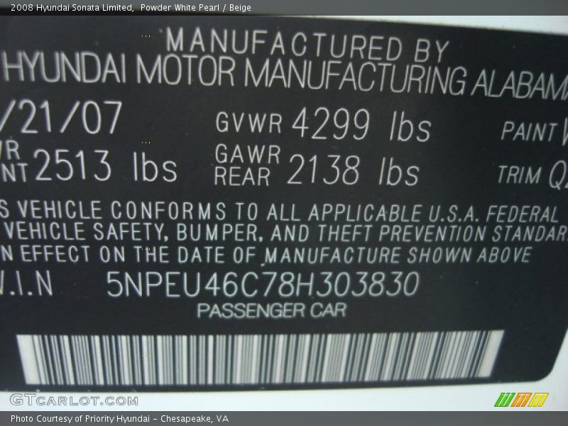 Powder White Pearl / Beige 2008 Hyundai Sonata Limited