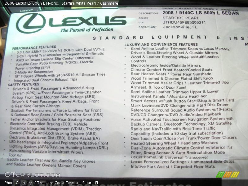  2008 LS 600h L Hybrid Window Sticker