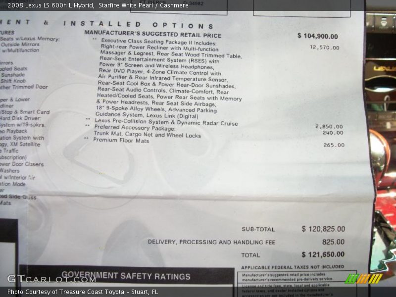  2008 LS 600h L Hybrid Window Sticker