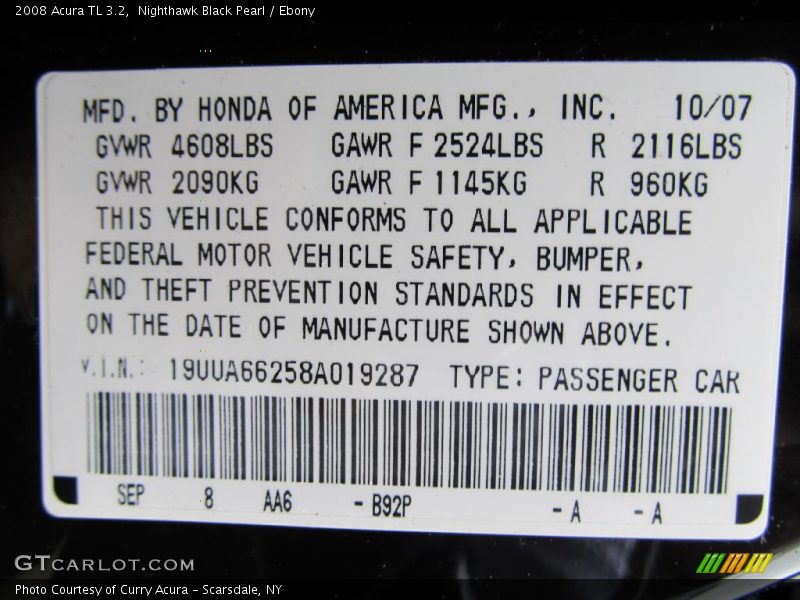 Nighthawk Black Pearl / Ebony 2008 Acura TL 3.2